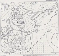 a vintage style map of an ice cap, and the surroudning lakes and topography. map is monochrome, with lots of hatching and stippled patterns