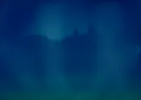 a blueish tinted image with the silhouette of a roofline with a few chimenys. the sihouette is repeated, more faintly above