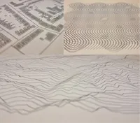 collage of three soft-focus images. top left, a map, showing buildings drawn with hatches; top right a wavy moire pattern; bottom a ridge plot