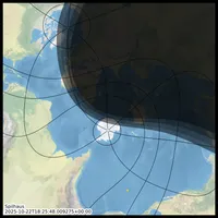 the world map in the Spilhaus projection. The upper right half, (Asia, Europe and much of Africa) is in relative darkness (night). The line between day and night is a smooth curve. Antarctica, in the middle of the map is in daylgiht, along with the Americas, which are heavily distorted due to the projection and wrap around the left and bottom edge of the frame. There are three progressively lighter bands between the night and day, indicating cival, nautical and astronomical twilight. These bands cross Greenland, western edges of Europe, west Africa and Eastern Australia.