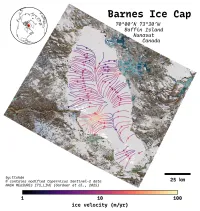 A map titled: Barnes Ice Cap, Baffin Island, Nunavut, Canada. The map is comprised of a Sentinel-2 RGB image satellite image showing the ice cap which is up to 60 km across and in excess of 100 km long. Surrounding the ice cap are mountains, some with snow covered peaks, others rocky, along with many bright blue lakes. Overlaid on top of the ice cap are flow lines indicating the direction of ice flow, and colored according to the speed of flow. The lines clearly show the ice divide in the middle of the ice cap. The color of the flow lines is on a logarithmic scale from 0 to 100 m/yr, as shown in the color-bar beneath the main plot. In the upper left is an inset showing where Baffin Island's position to the west of Greenland, and above the north eastern limit of North America. Image credits in the bottom left read: 'by:tlohde / (C) contains modified Copernicus Sentinel-2 data / NASA MEaSURE's ITS_LIVE (Gardner et al., 2025)'