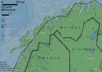 A map of northern Sweden, Finland and Norway. The coastline and border between the three countries has been drawn multiple times and different scales. The 1:110 million scale is much more angular than the 1:10 million scale. Bathymetry is shown off-shore. Lakes and rivers are also plotted along with a few settlements. The typeface of the labels and corresponding legend items mirrors the scale of the data plotted, with a more pixelated font used for the 1:110 million scale data, and a more refined version of the typeface used for the 1:10 million scale data.