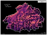 A map of the Cairngorms national park. Black background with white national park border. Within the national park the terrain is represented by colors ranging from black through dark purples to bright orange. Brighter colours represent regions that are 'more visible' than darker regions, as these areas can be seen from more summits. The resulting sum of viewsheds bears strong resemblance to the underlying topography.