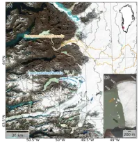 A satellite image showing a few outlet glaciers in west Greenland. Two are labelled: In orange: Kangaasarssup Sermia (KS) and in blue Isortuarsuup Sermia (IS). An inset shows a close up of the terminus of IS where ice bergs can be seen in the lake.